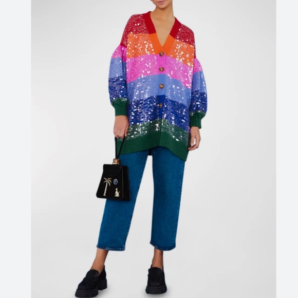 Farm Rio Small S rainbow striped sequin cardigan - Picture 2 of 9